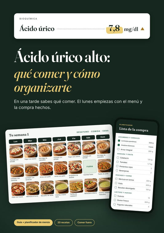 Portada de la guía Ácido úrico alto: qué comer y cómo organizarte