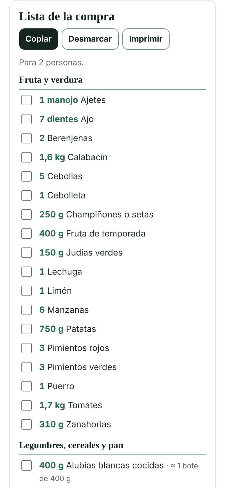 Planificador de menús: lista de la compra automática