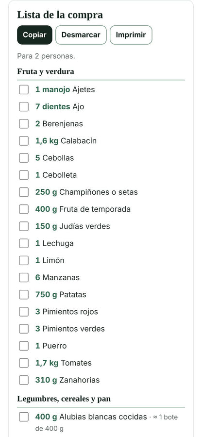 Planificador de menús: lista de la compra automática
